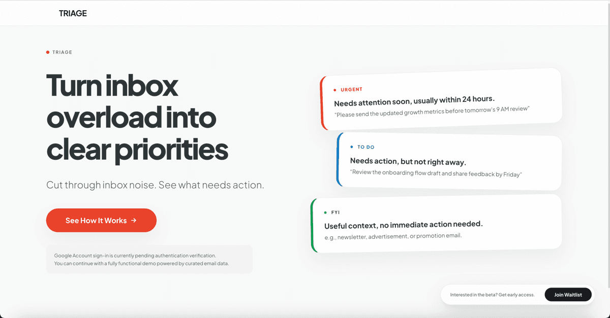 Triage — AI inbox triage landing page
